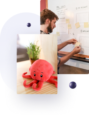 Octobot's mascot and a man working.