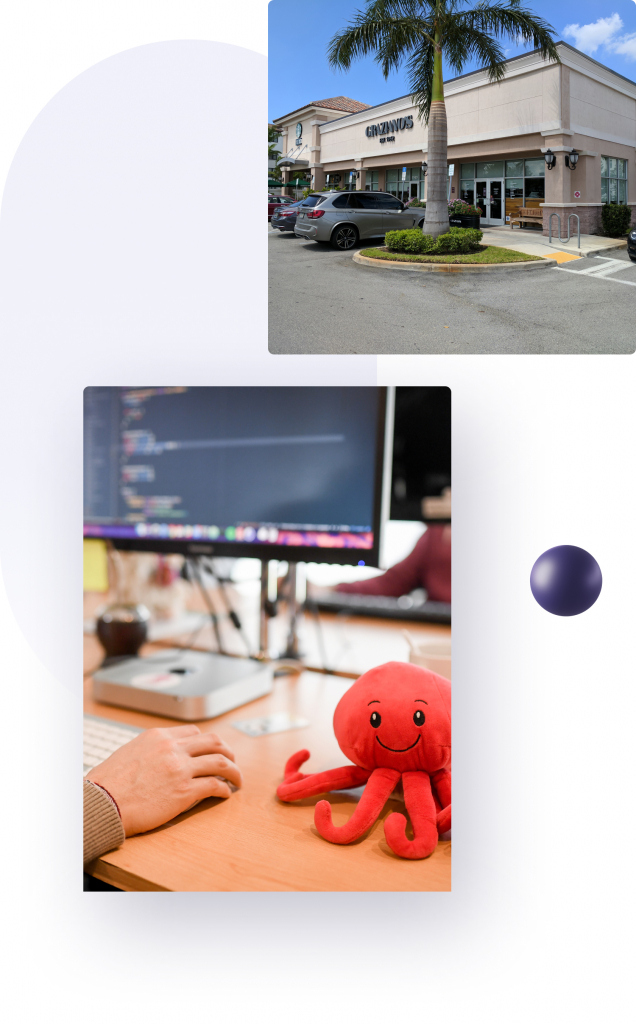 Pictures of people working and the HQ of the client.