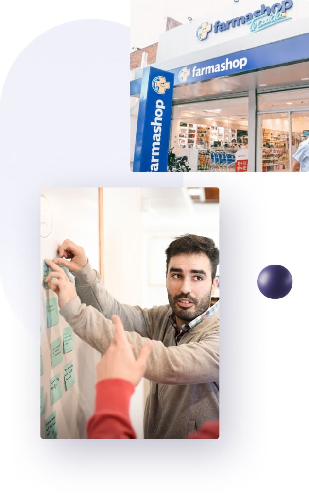 Pictures of a pharmacy and people working.
