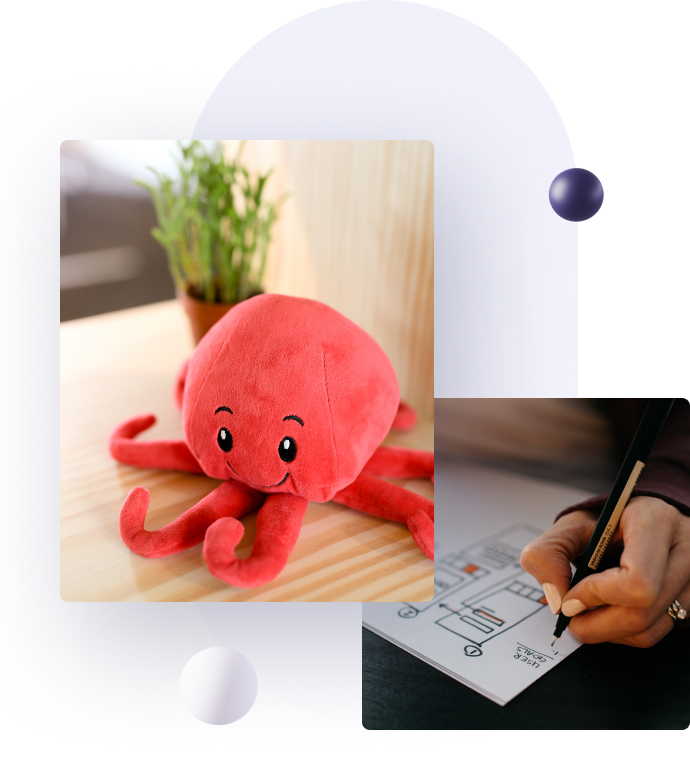 Pictures of Octobot's mascot, a stuffed octopus, and a person designing a wireframe.