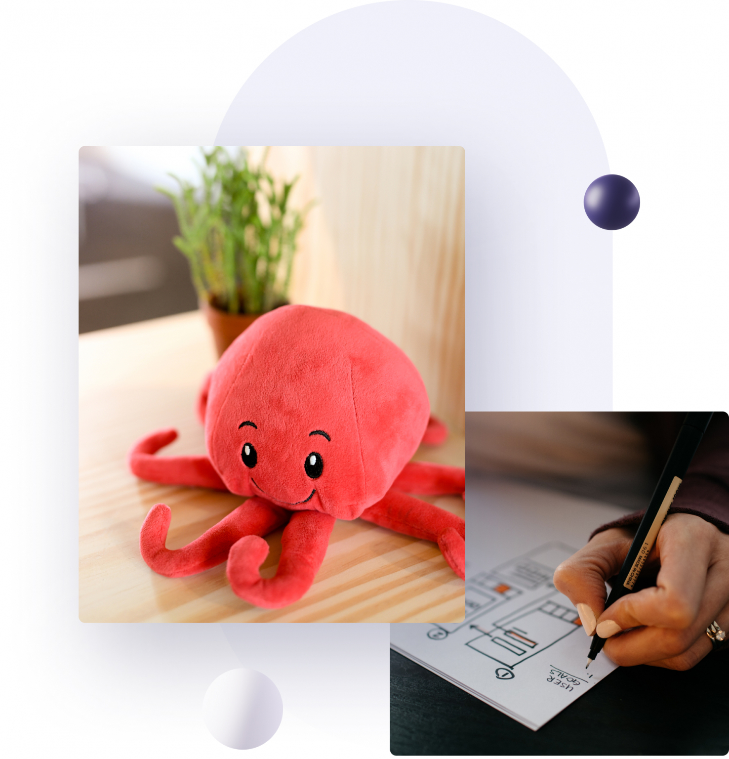 Pictures of Octobot's mascot and a person designing wireframes.