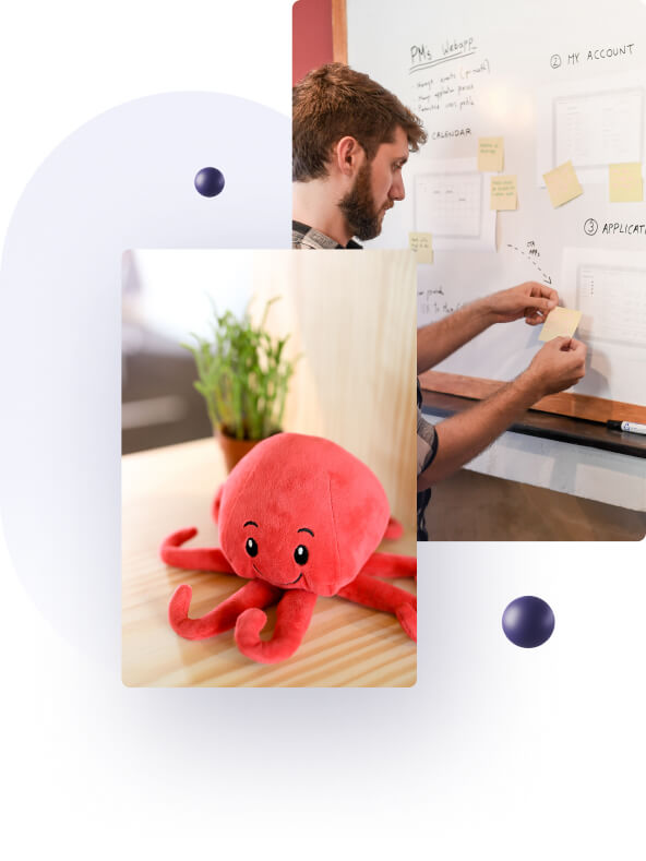 Pictures of Octobot's mascot, a stuffed octopus, and a man working.